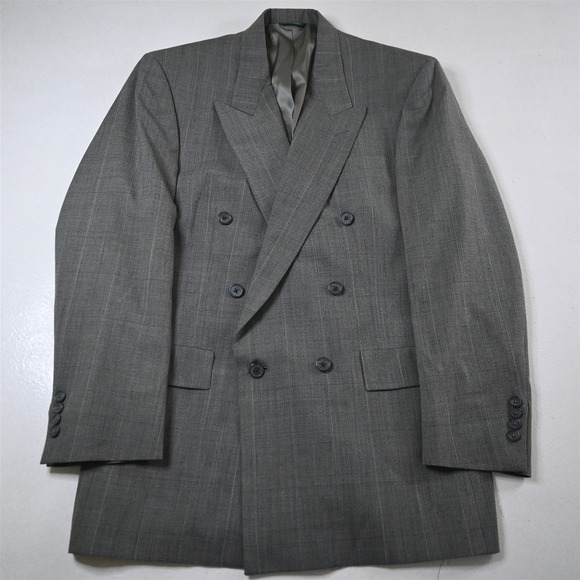 Vtg Austin Reed 40L Gray Windowpane Wool Double Breasted USA Blazer Sport Coat